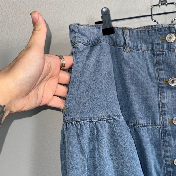 Three Bird Nest Country Mart Tiered Maxi Skirt Denim Size L Boho - Picture 10 of 12